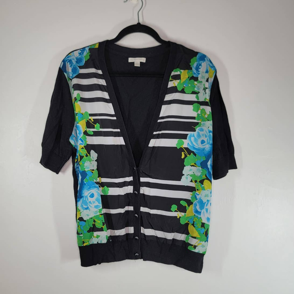 New York & Company Floral Striped Short Sleeve Button Up Cardigan Black Size XL